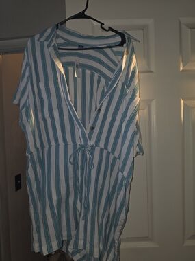 Striped Drawstring Romper in White and Teal